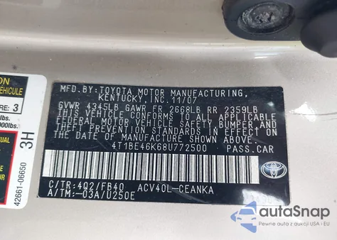 2008 Toyota Camry Le из США, поврежденный, VIN 4T1BE46K68U772500